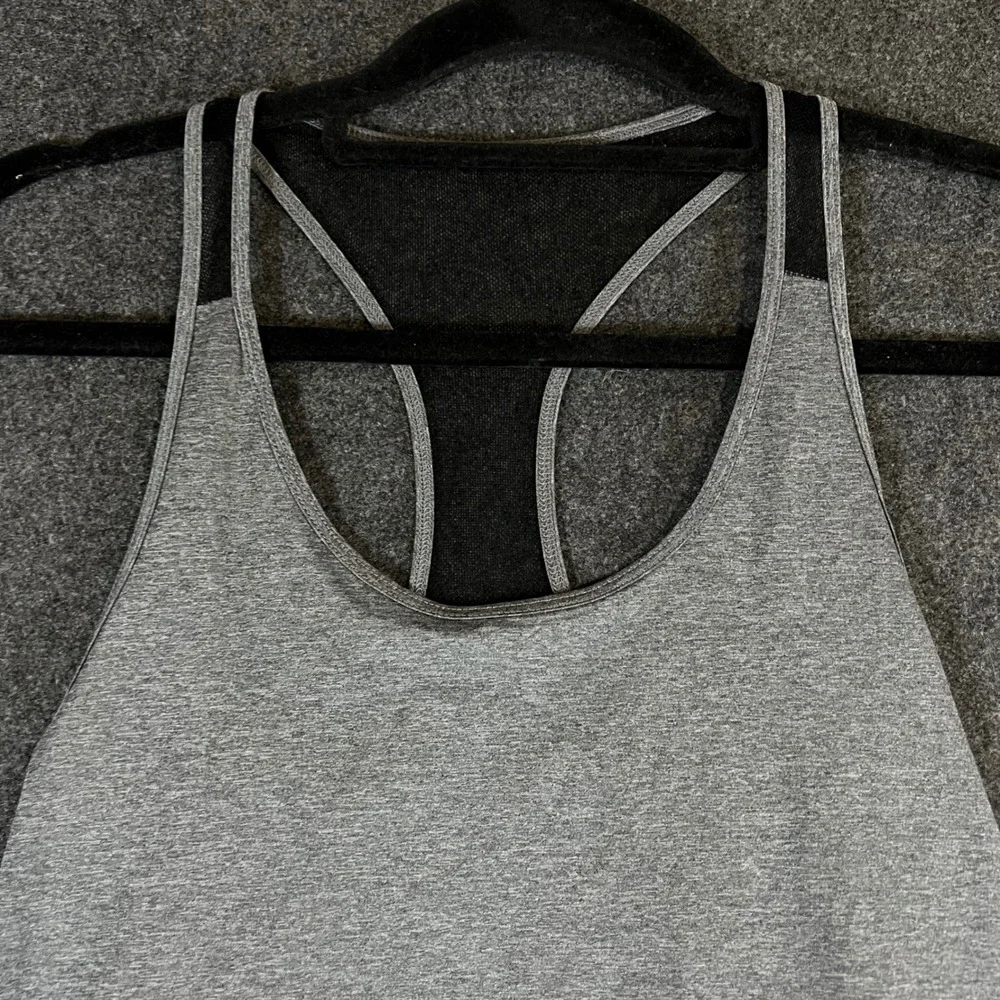 Alo Yoga Womens Gray Heathered Open Draped Mesh Back Racerback Tank Top